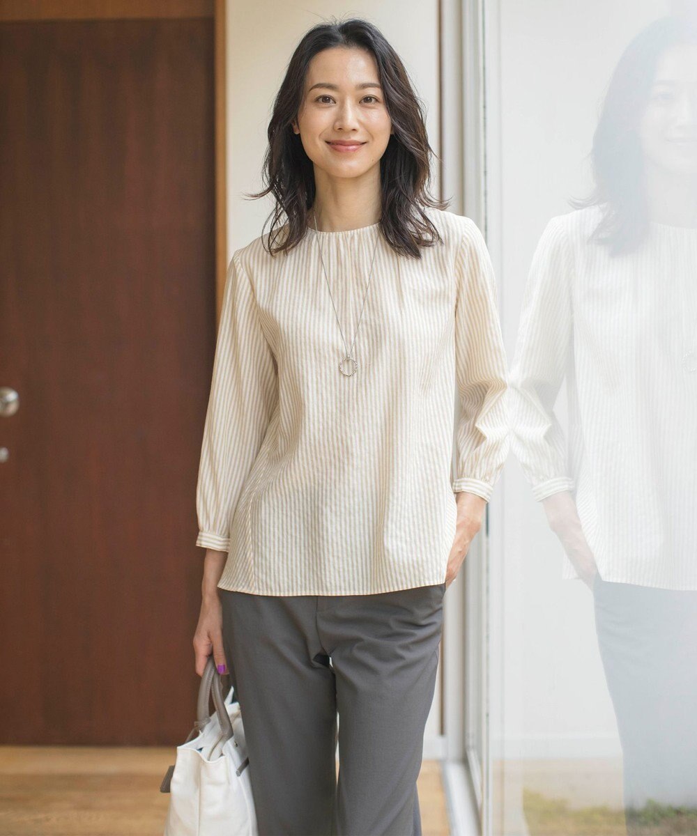 J.PRESS LADIES S 【洗える】コットンアセVis ストライプ クルーネック ブラウス 