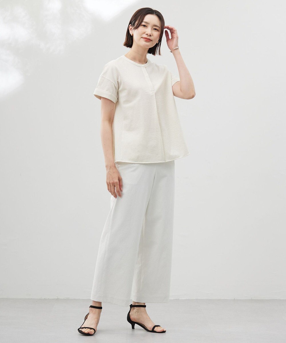 J.PRESS LADIES L 【洗える・接触冷感・UVケア・吸水速乾・防透け】麻シェルドライ ワイドストレート マリン パンツ 