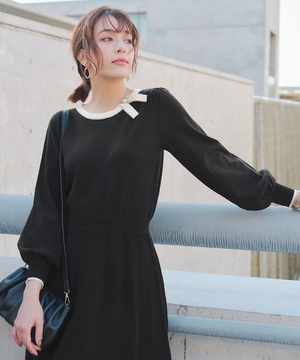 Tiaclasse 【洗える】リボン衿配色ニットワンピース 