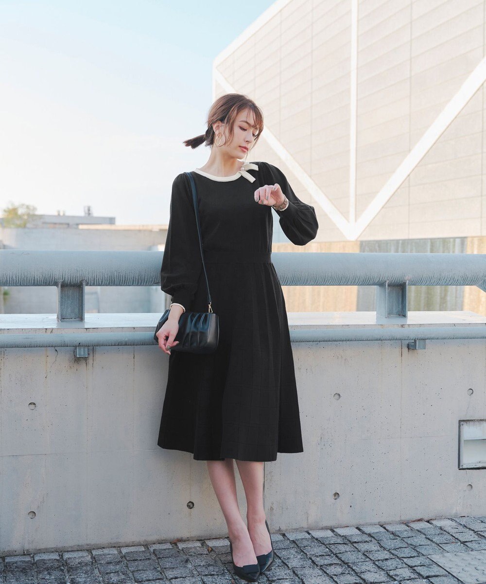 Tiaclasse 【洗える】リボン衿配色ニットワンピース 