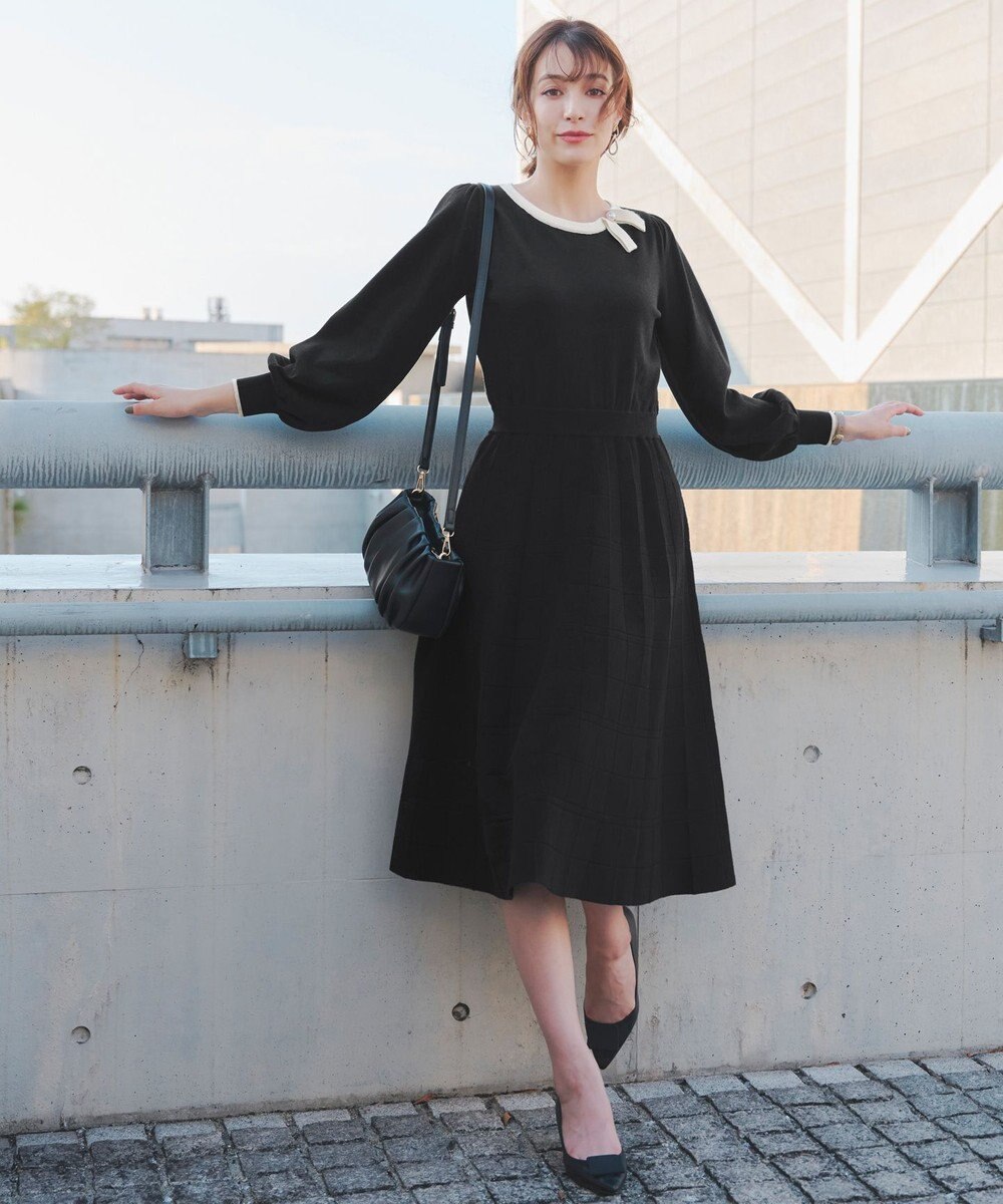 Tiaclasse 【洗える】リボン衿配色ニットワンピース 