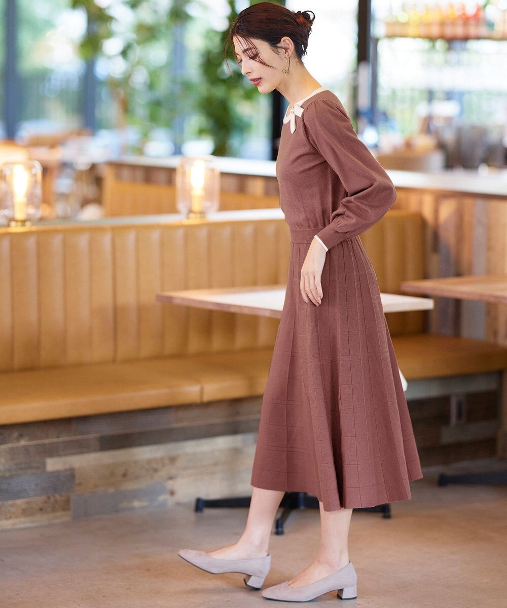 Tiaclasse 【洗える】リボン衿配色ニットワンピース 