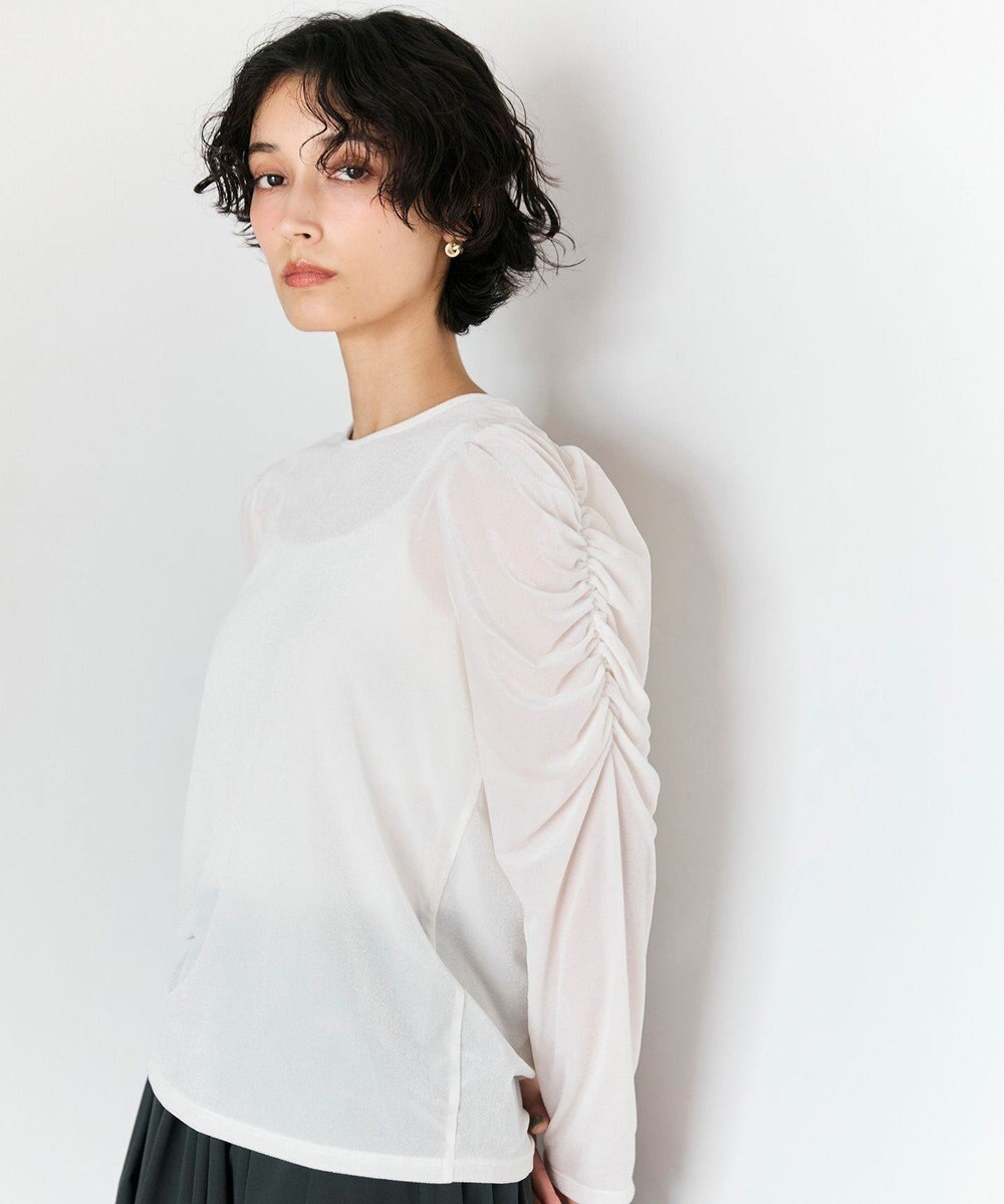 #Newans 【洗濯機可／ 前後着用可】 ギャザースリーブシアーベロアカーディガン 