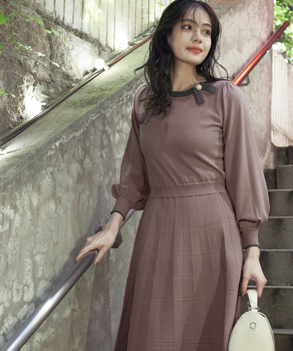 Tiaclasse 【洗える】リボン衿配色ニットワンピース 