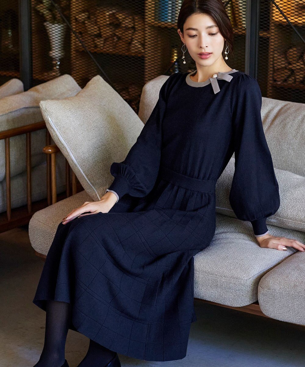 Tiaclasse 【洗える】リボン衿配色ニットワンピース 