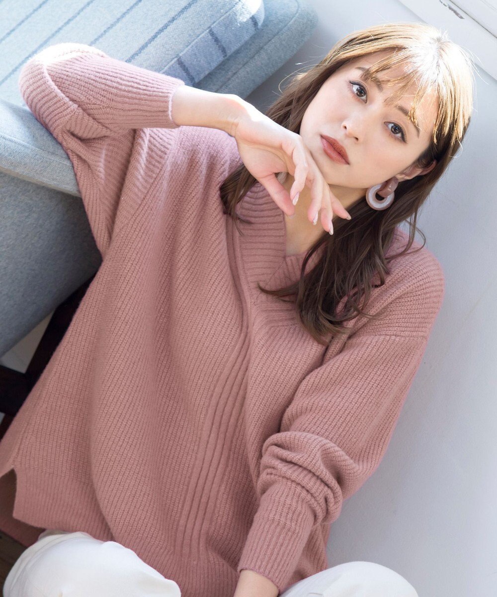 Tiaclasse L 【洗える】Vネック起毛ニットトップス 