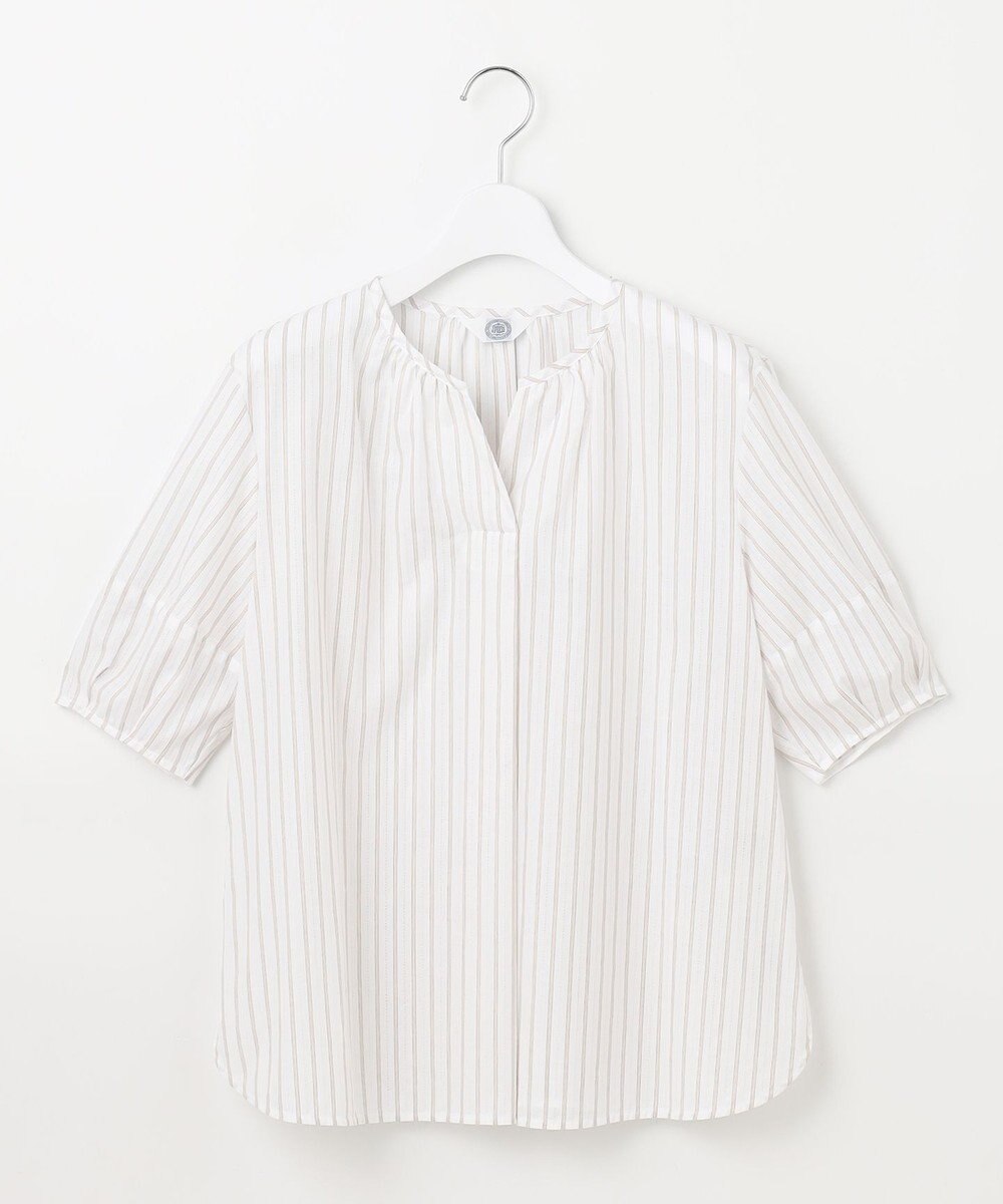 J.PRESS LADIES 【洗える】BEZ空羽ストライプ クルーネック V開き ブラウス 