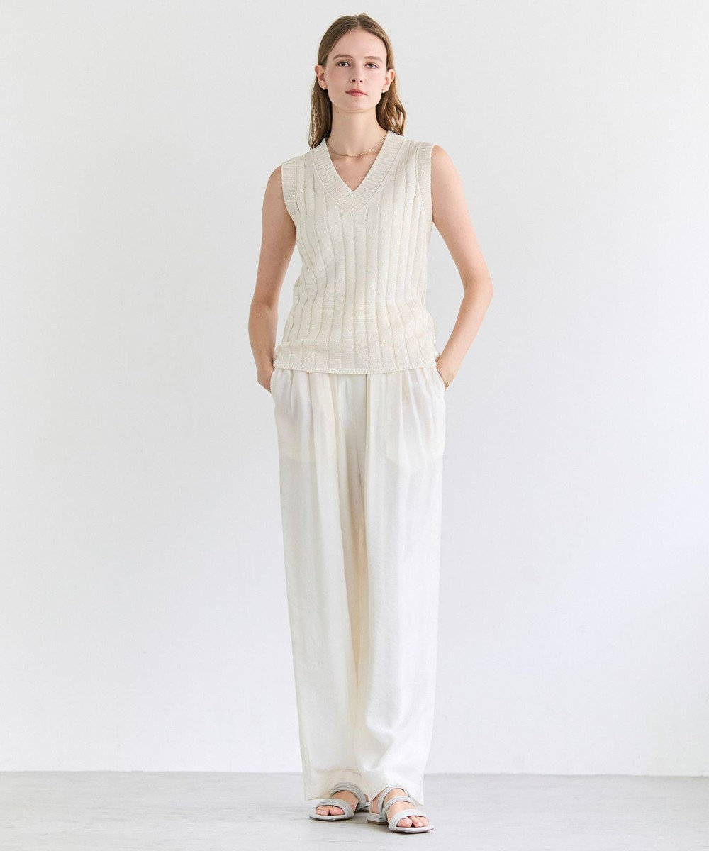 BEIGE， OPTICAL /  ペーパーヤーン Vネックリブニット 