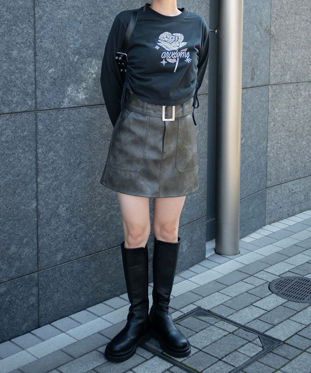 WEGO ベルト付ヴィンテージライクFレザーミニスカート 