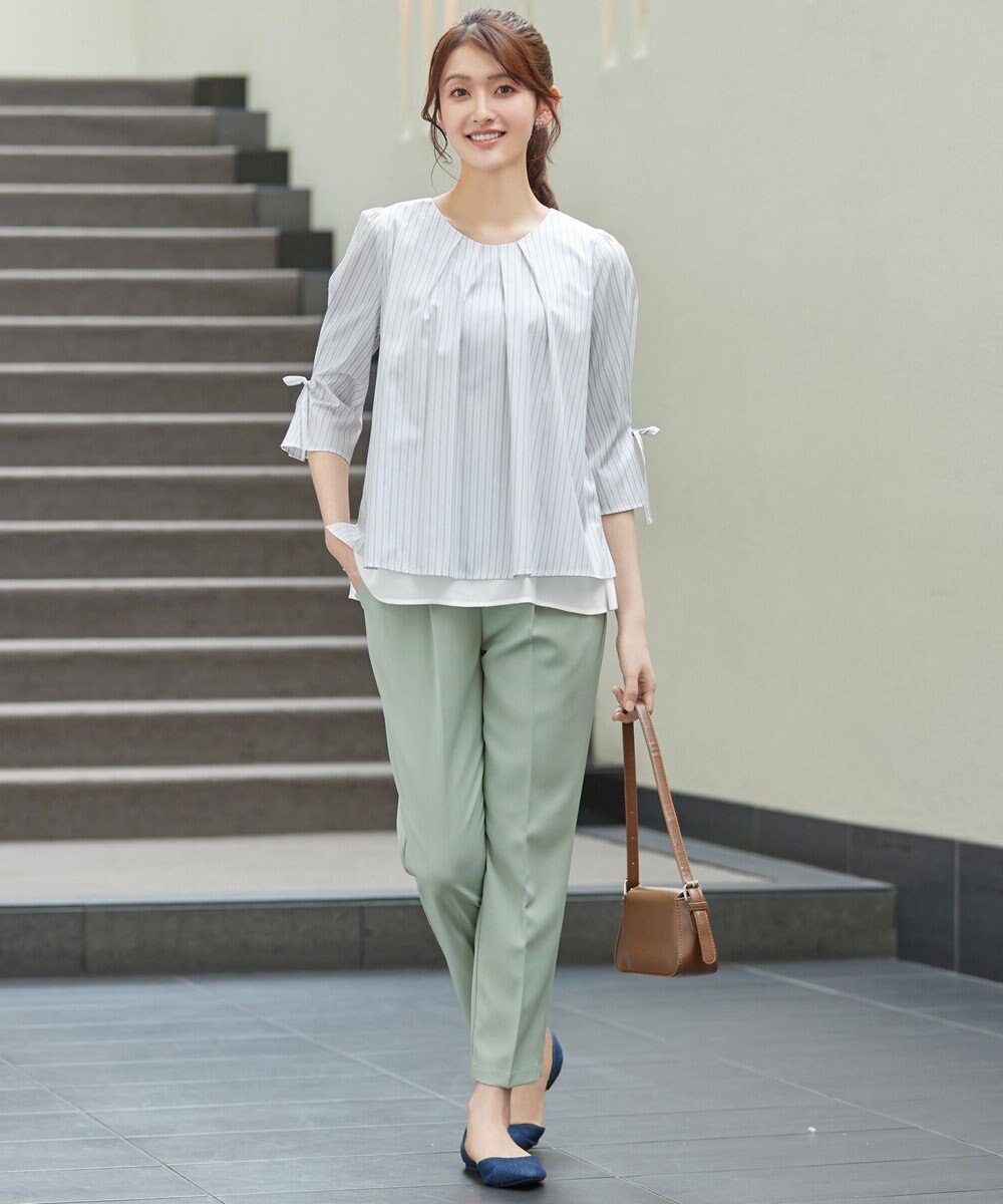 Tiaclasse L ストライプリボンレイヤードブラウス 