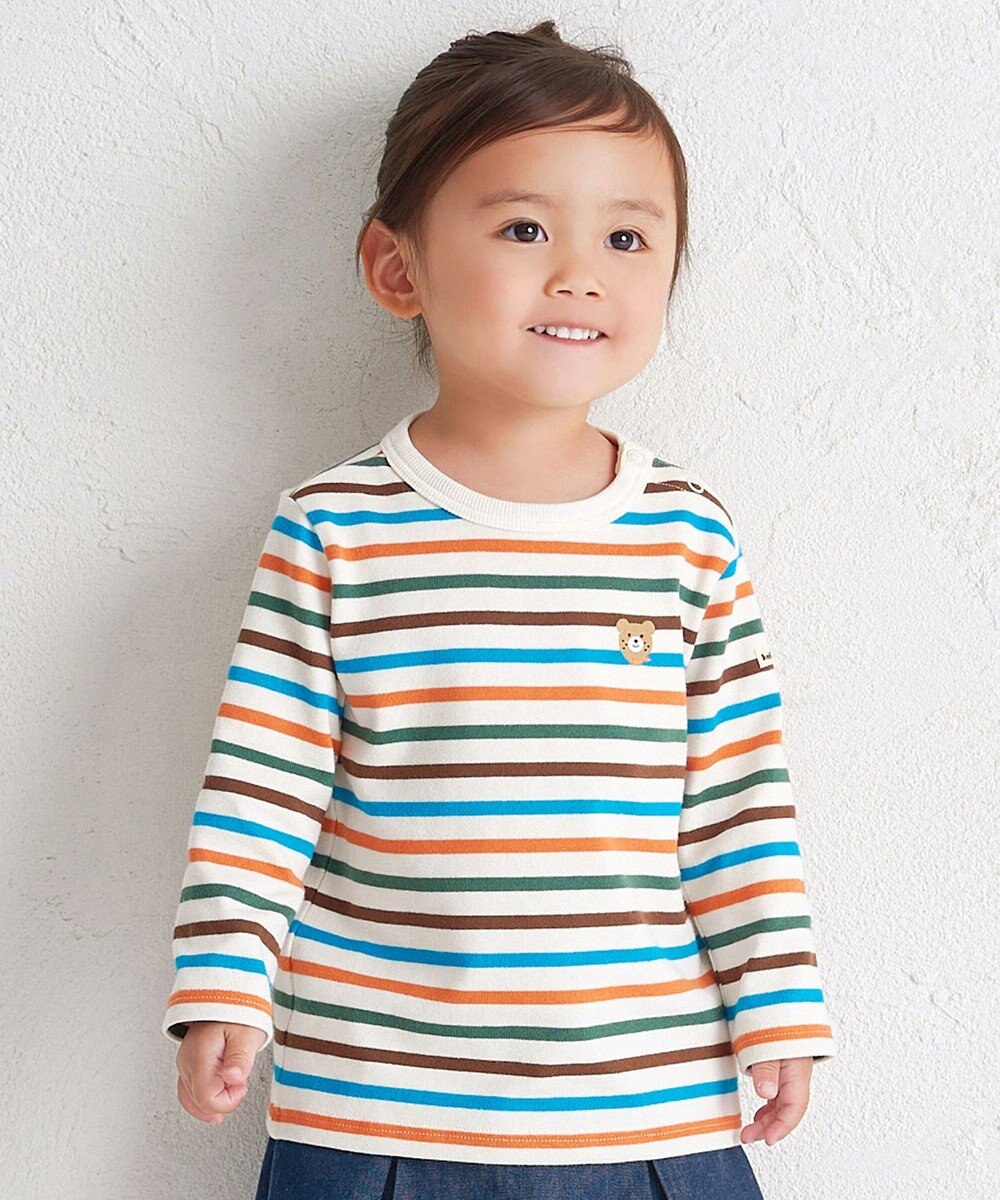 MIKI HOUSE HOT BISCUITS 【80-120cm】ボーダー柄 ワンポイント長袖Tシャツ 