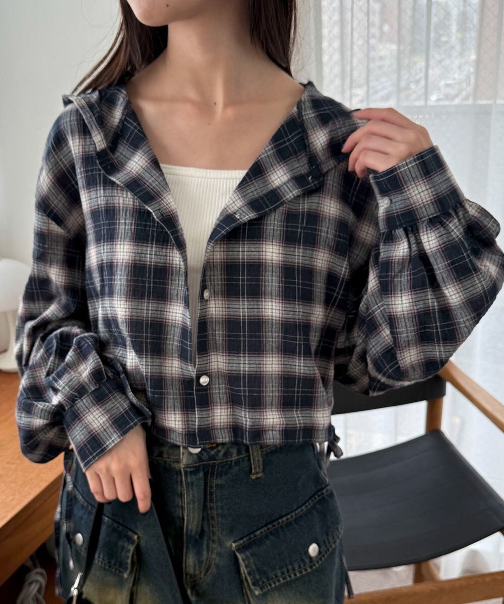 WEGO チェックショートフードシャツ 