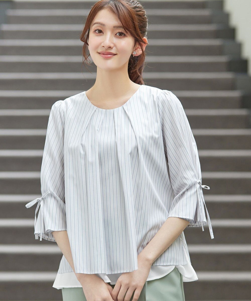 Tiaclasse L ストライプリボンレイヤードブラウス 