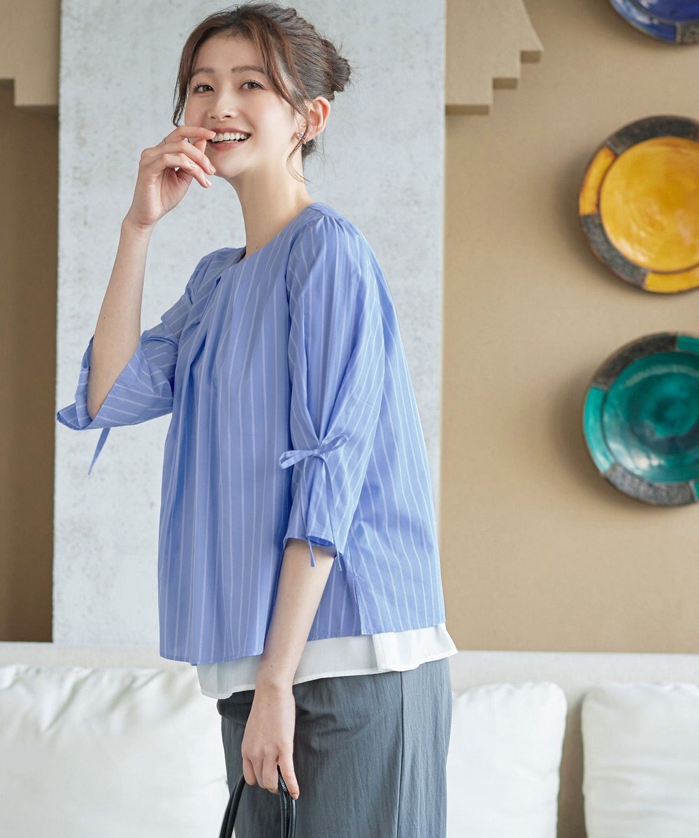 Tiaclasse L ストライプリボンレイヤードブラウス 