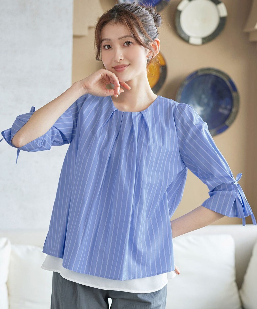 Tiaclasse L ストライプリボンレイヤードブラウス 