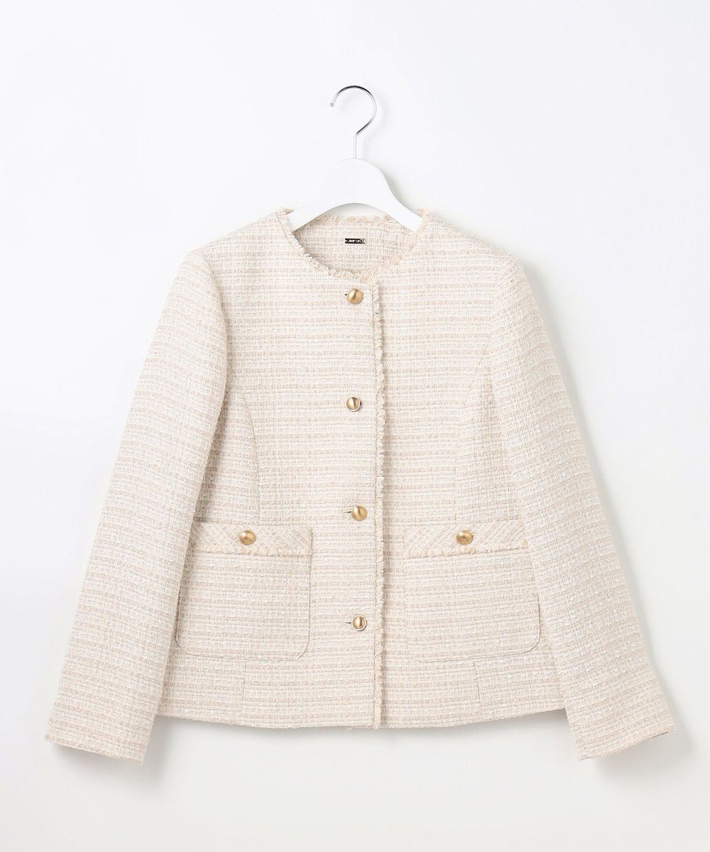 ANY SIS L ノーカラーフリンジツイード ジャケット 