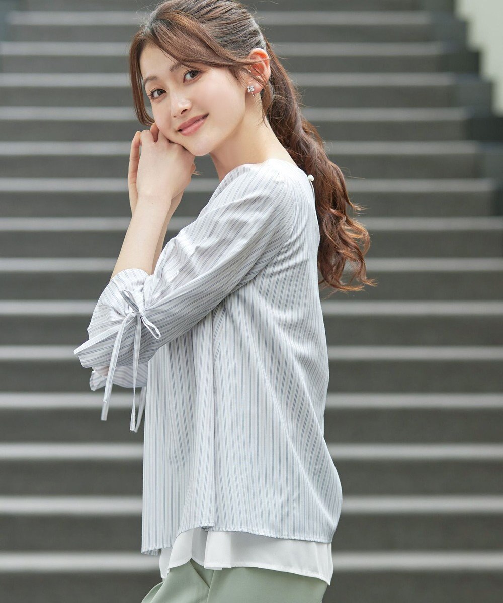 Tiaclasse L ストライプリボンレイヤードブラウス 