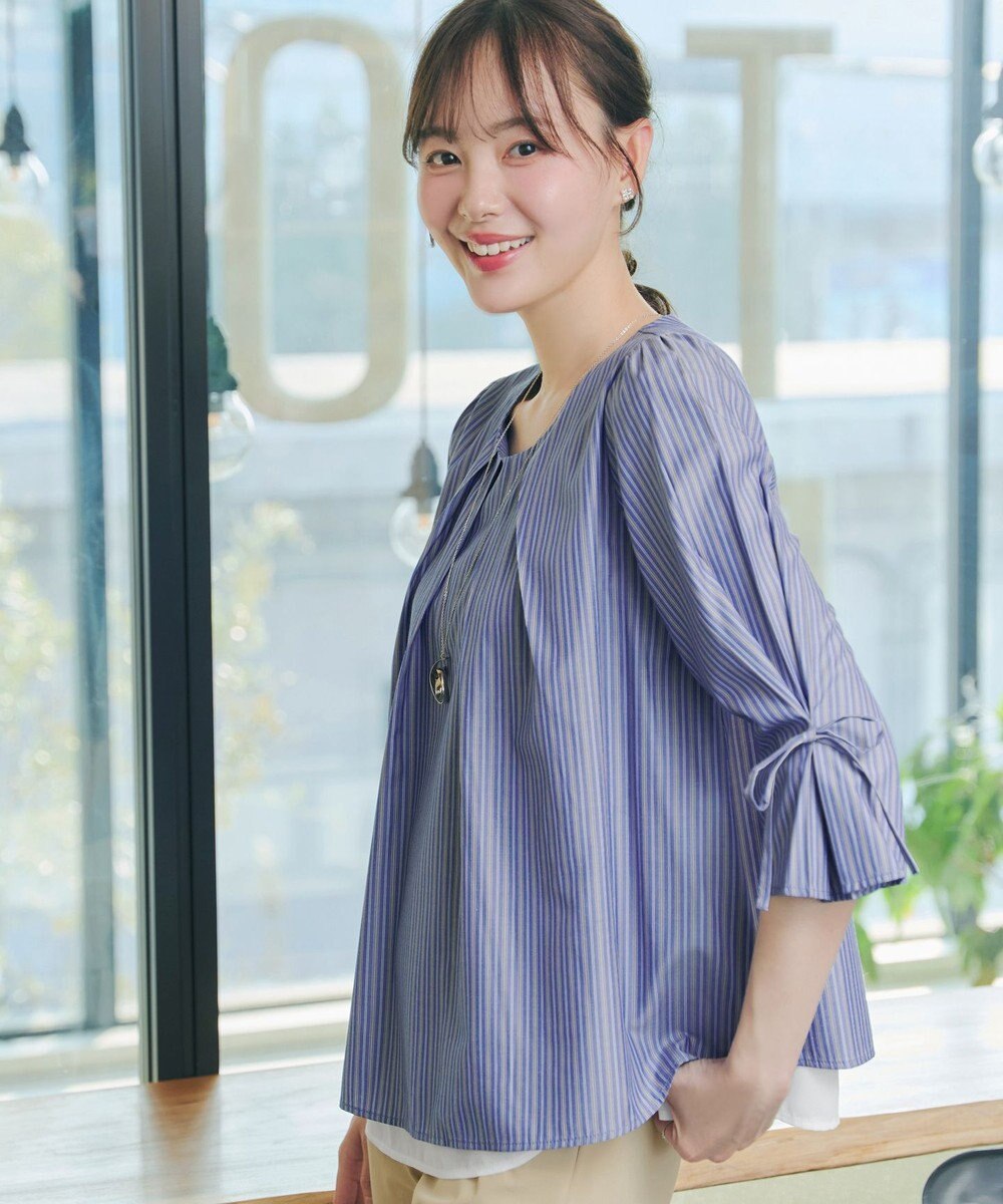 Tiaclasse L ストライプリボンレイヤードブラウス 