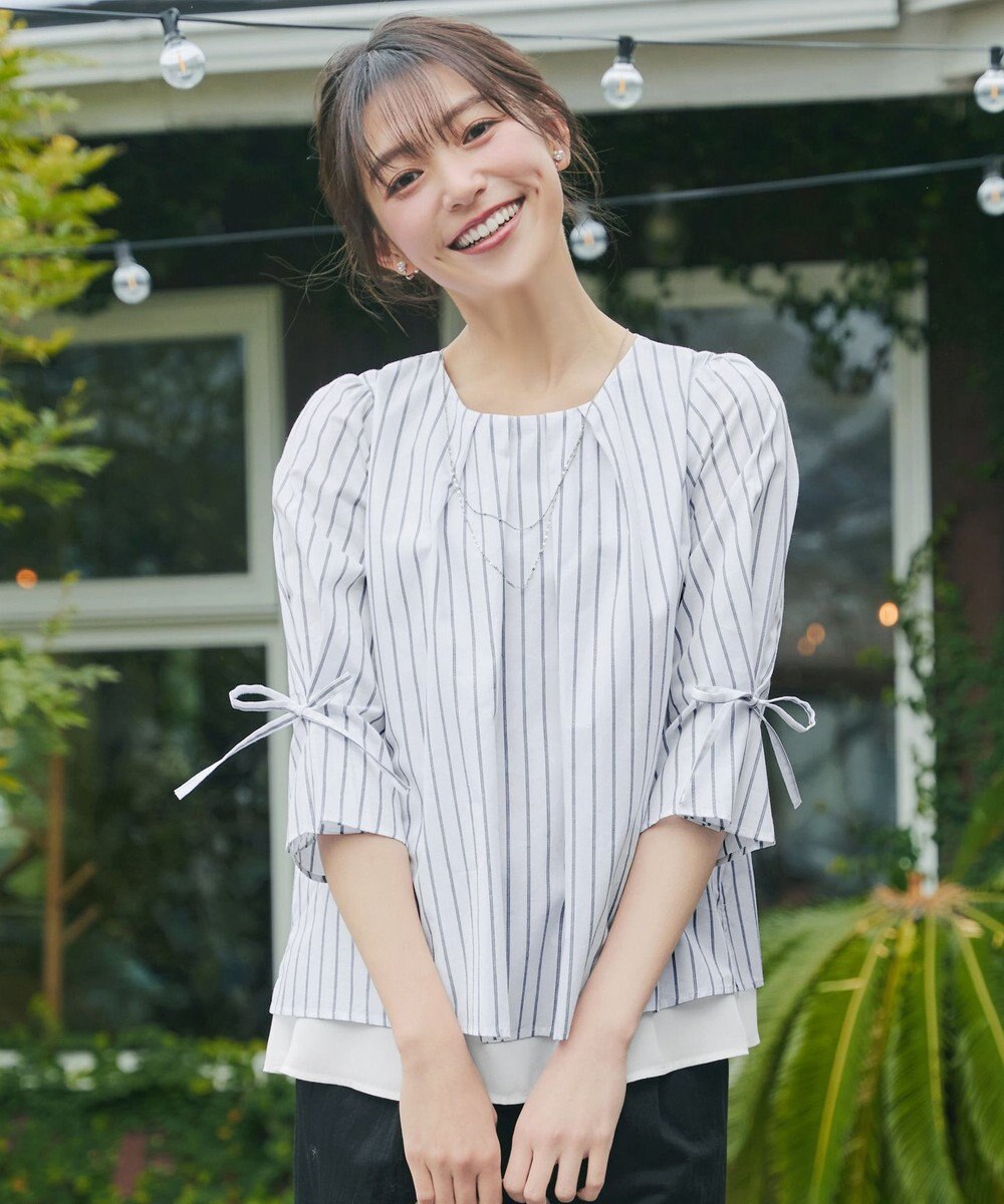 Tiaclasse L ストライプリボンレイヤードブラウス 