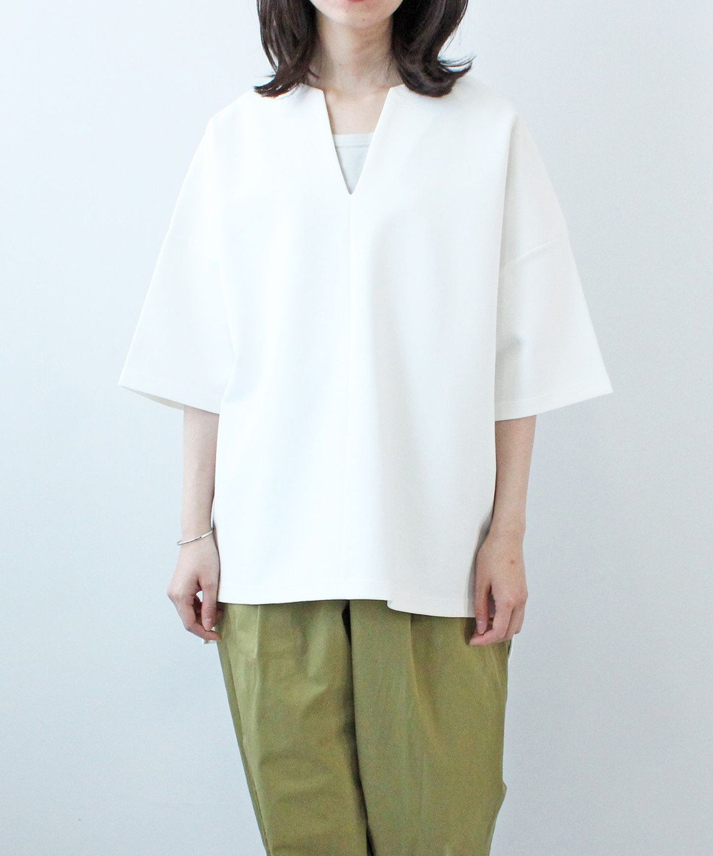 WHITE MAILS PAPER DOUBLE JERSEY KEY NECK T-シャツ オフホワイト