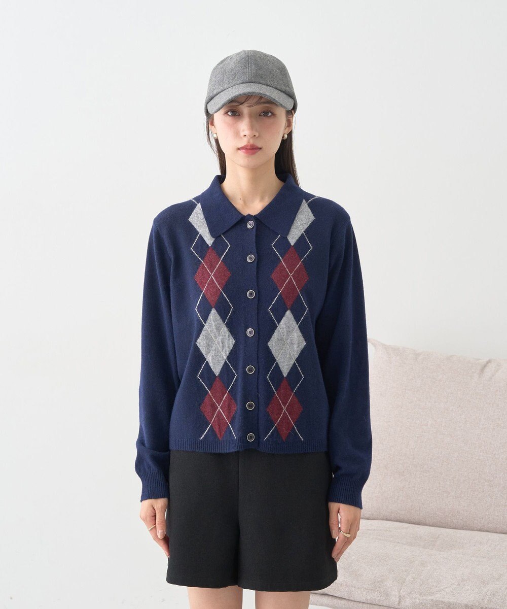 earth music&ecology 【予約】襟付きアーガイルニットカーディガン 