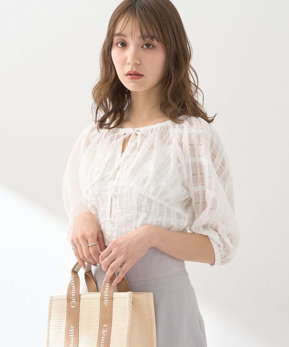 earth music&ecology シアーチェックパフスリーブブラウス 