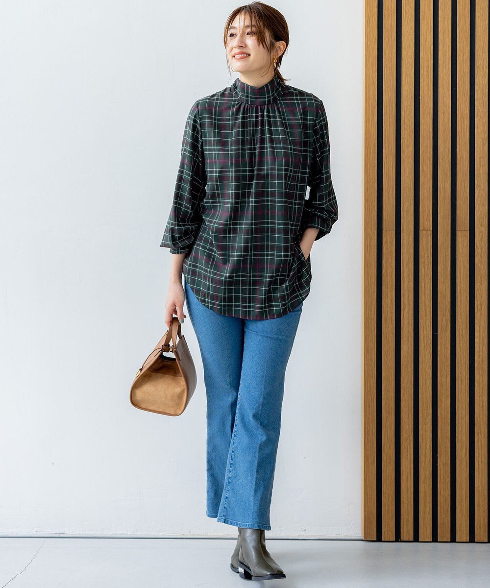 組曲 シアーツイルチェック ハイネックブラウス 