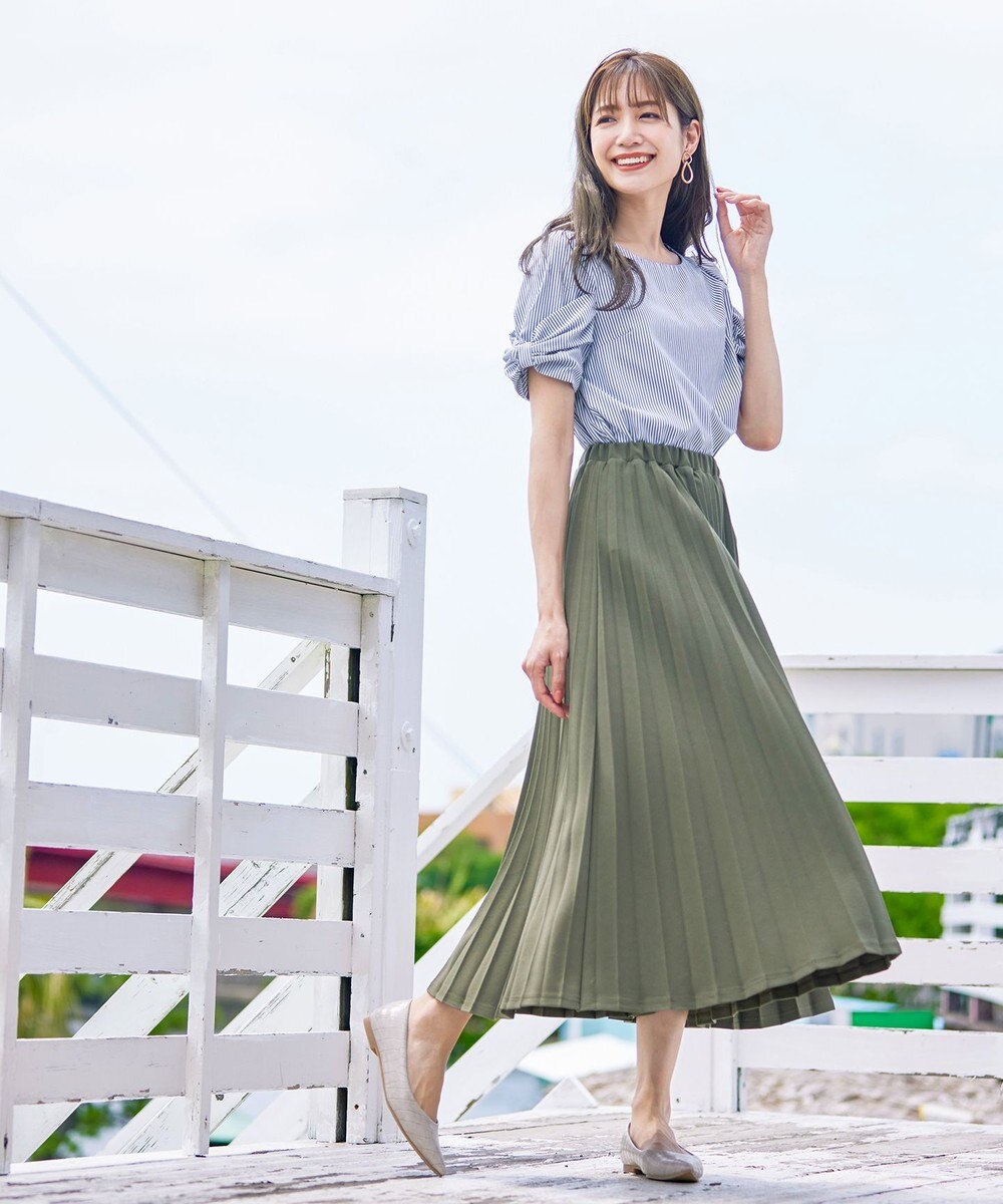 Tiaclasse 【ウエストゴム・洗える】カットソーアコーディオンプリーツスカート 