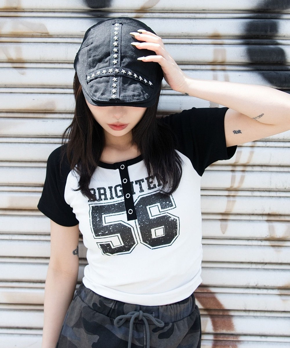 WEGO グラフィックラグランヘンリーネックT 