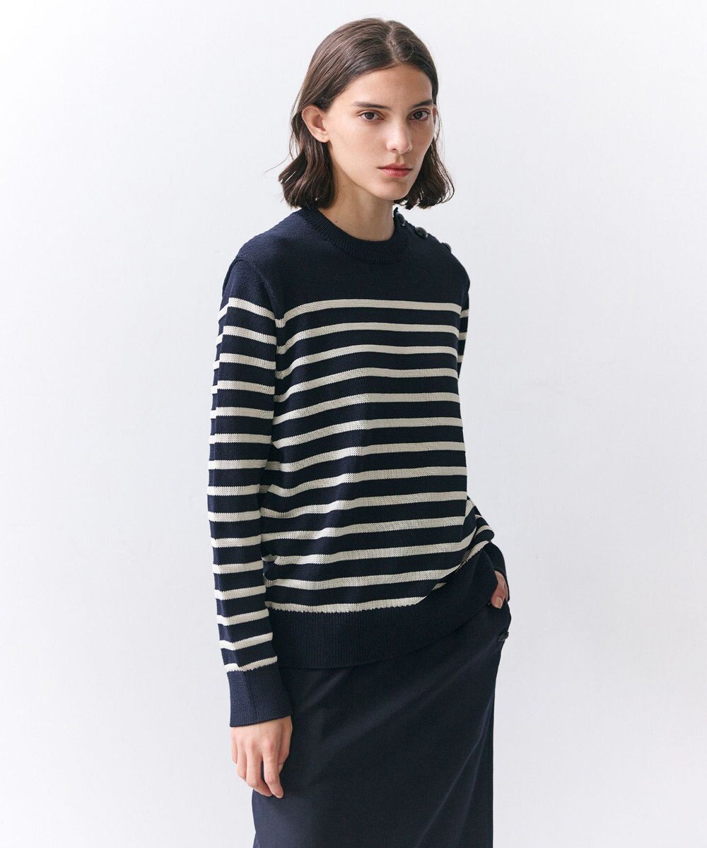 BEIGE， HELIODOR / レーヨンボーダーマリンボタンニット 