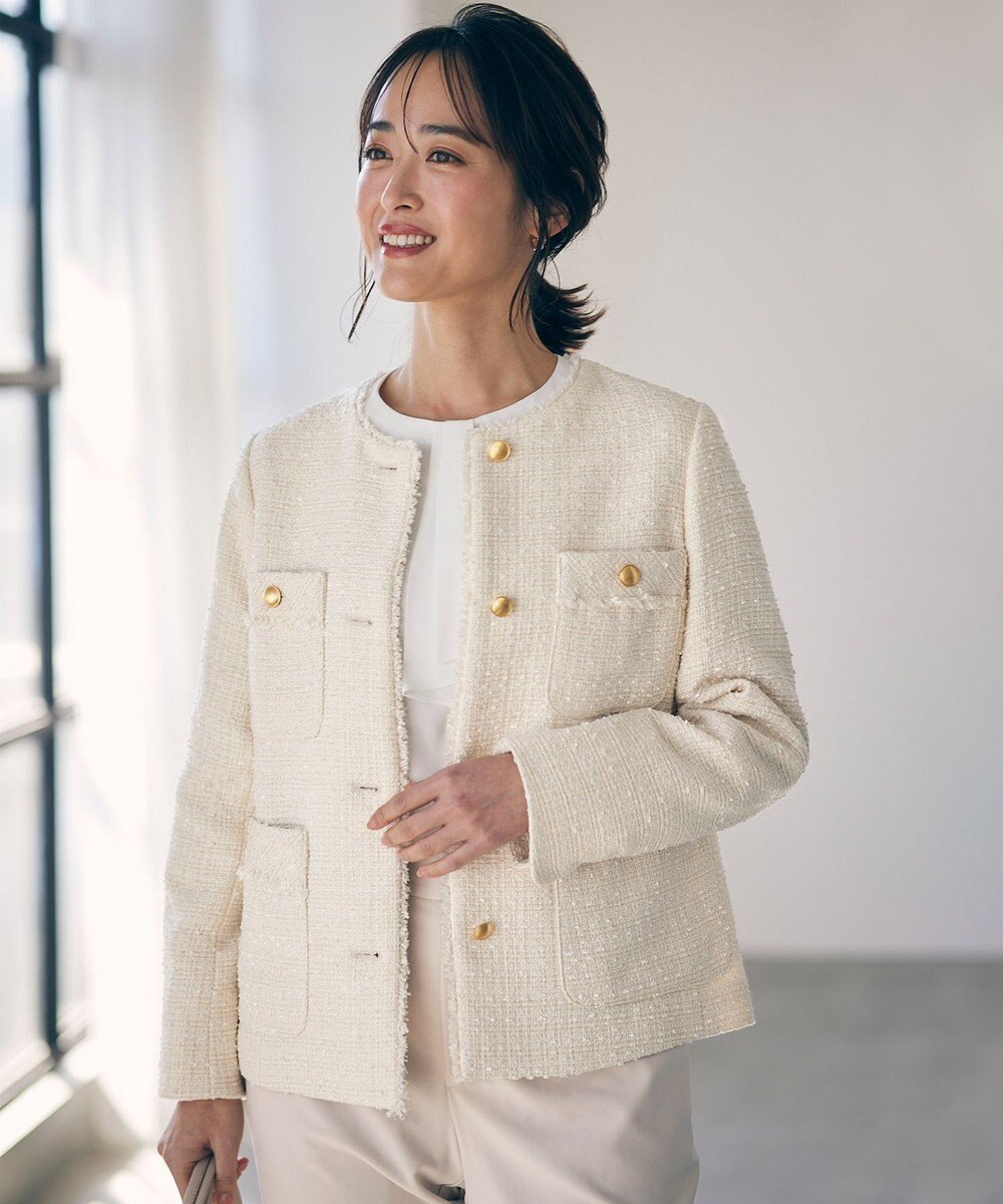 ANY SIS ツイードノーカラーミドル ジャケット 