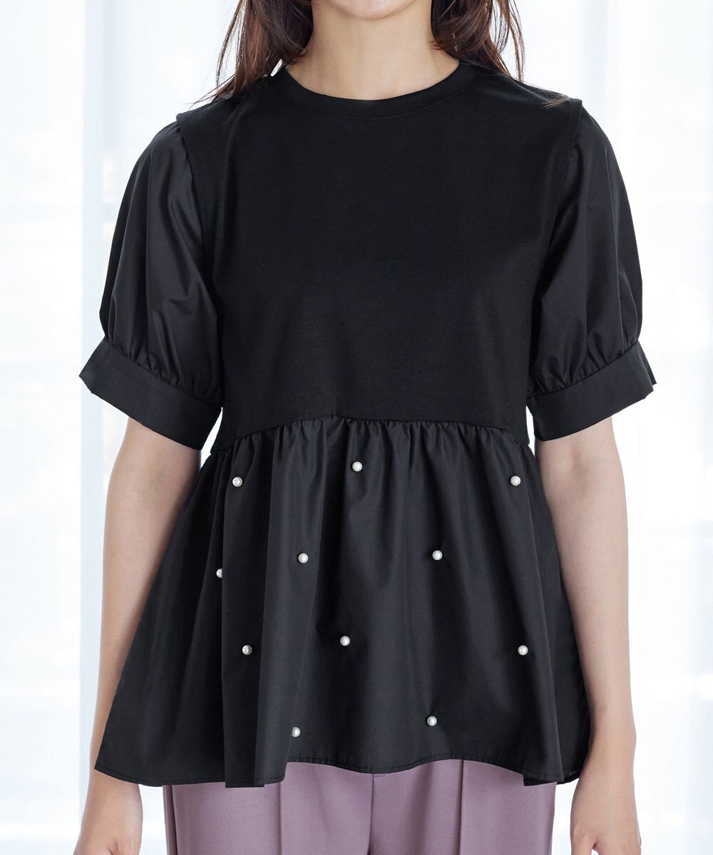 Tiaclasse L 【洗える】パール付きカットソードッキングブラウス 