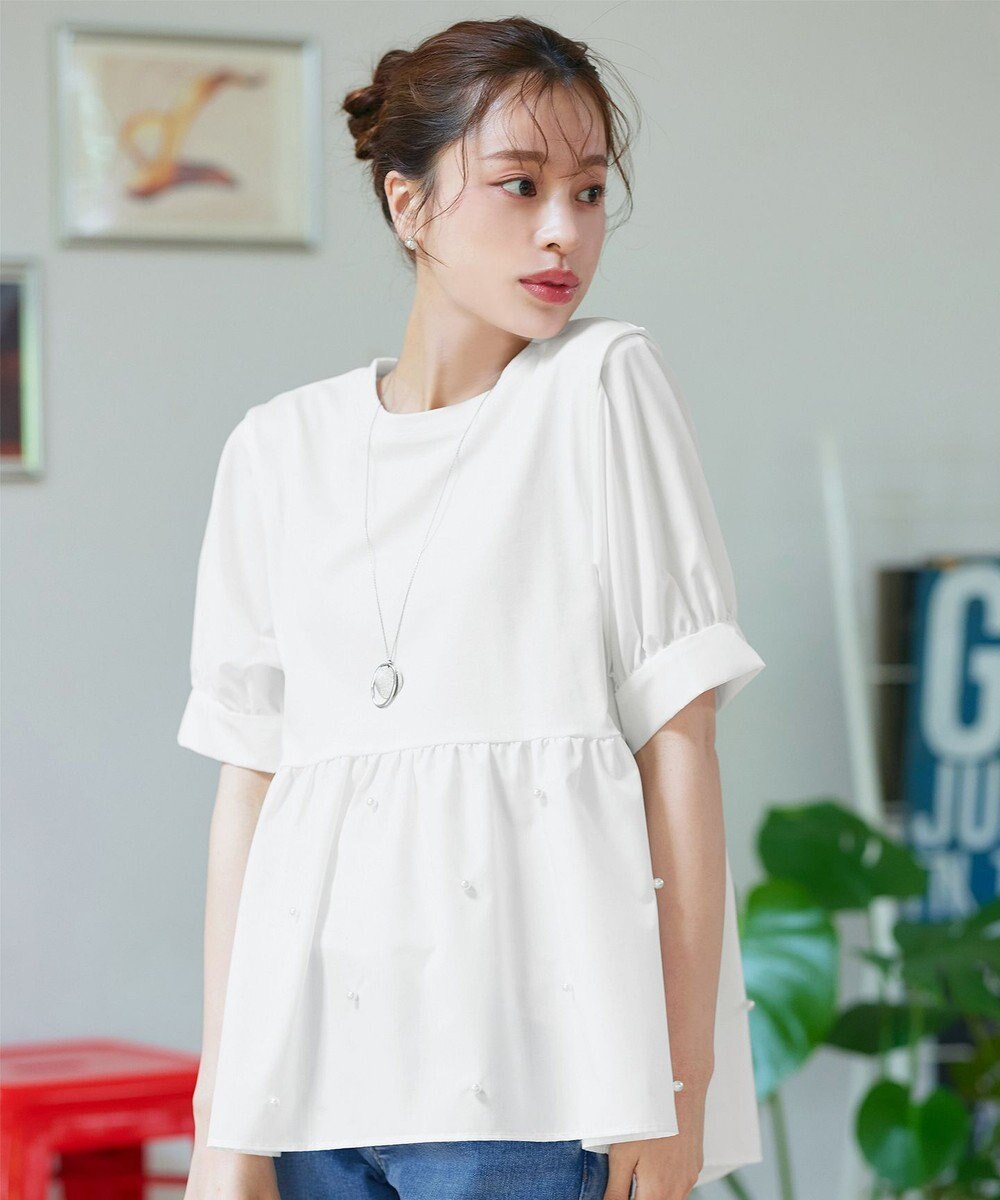 Tiaclasse L 【洗える】パール付きカットソードッキングブラウス 