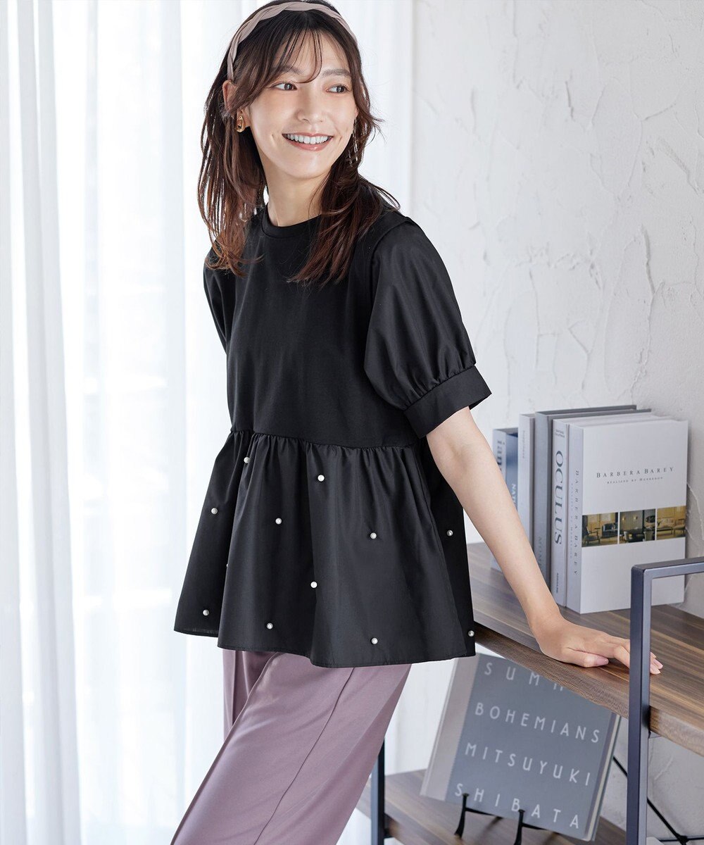 Tiaclasse L 【洗える】パール付きカットソードッキングブラウス 