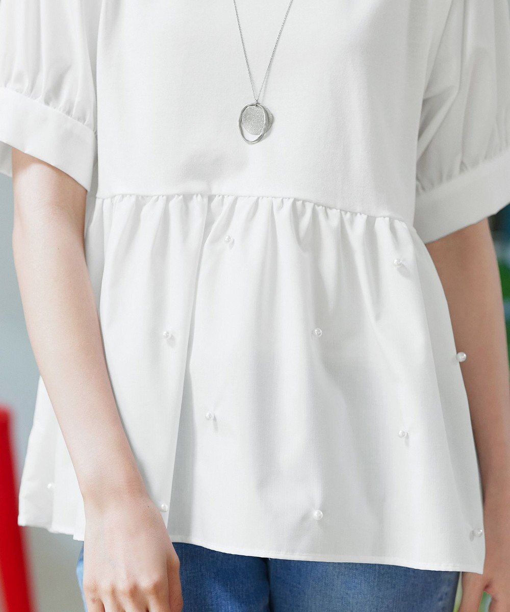 Tiaclasse L 【洗える】パール付きカットソードッキングブラウス 