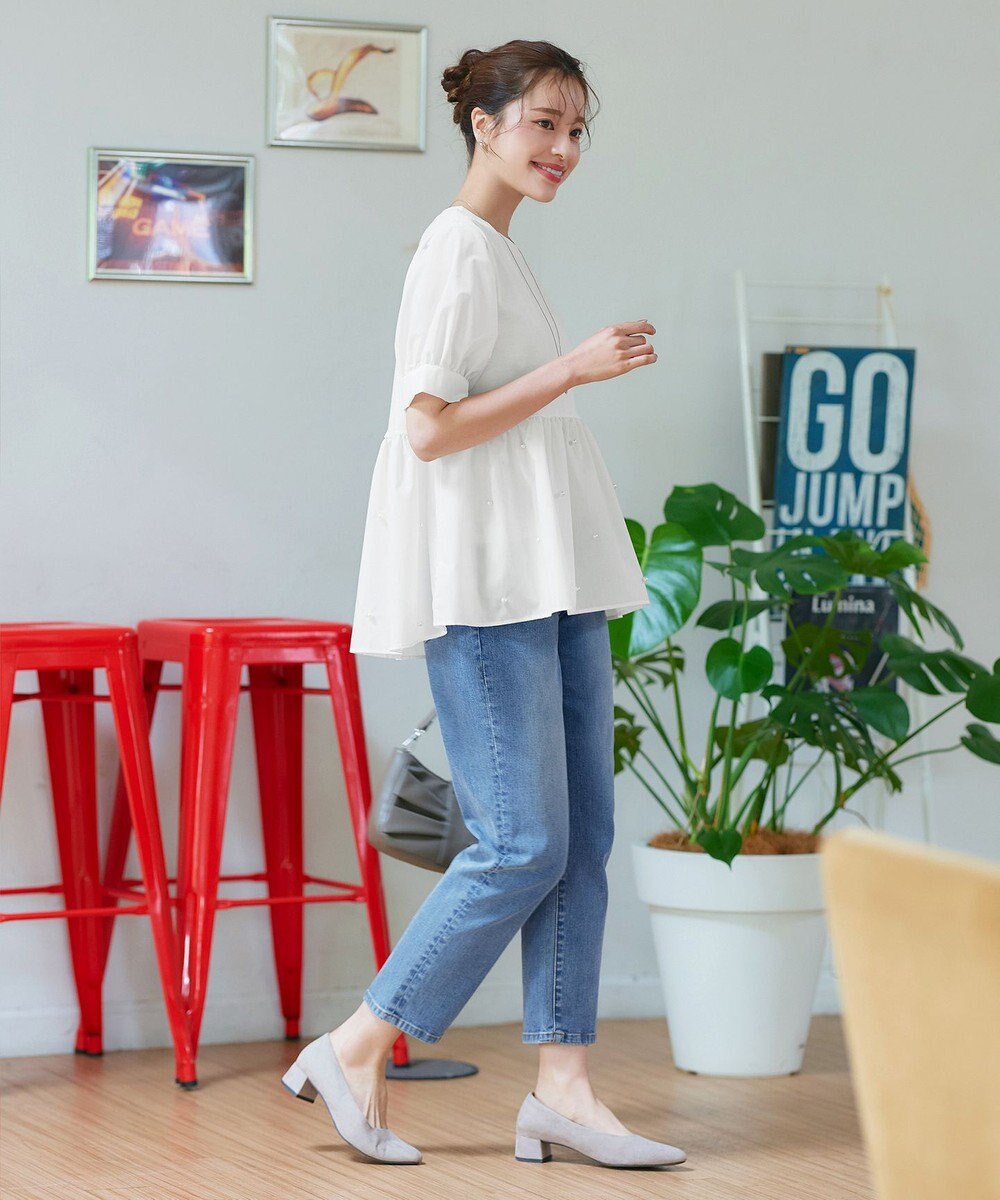 Tiaclasse L 【洗える】パール付きカットソードッキングブラウス 