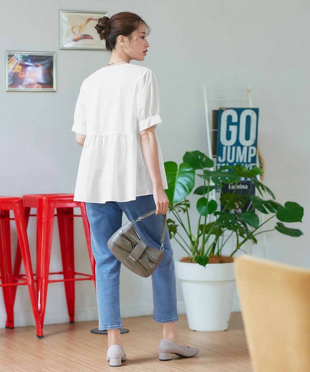 Tiaclasse L 【洗える】パール付きカットソードッキングブラウス 