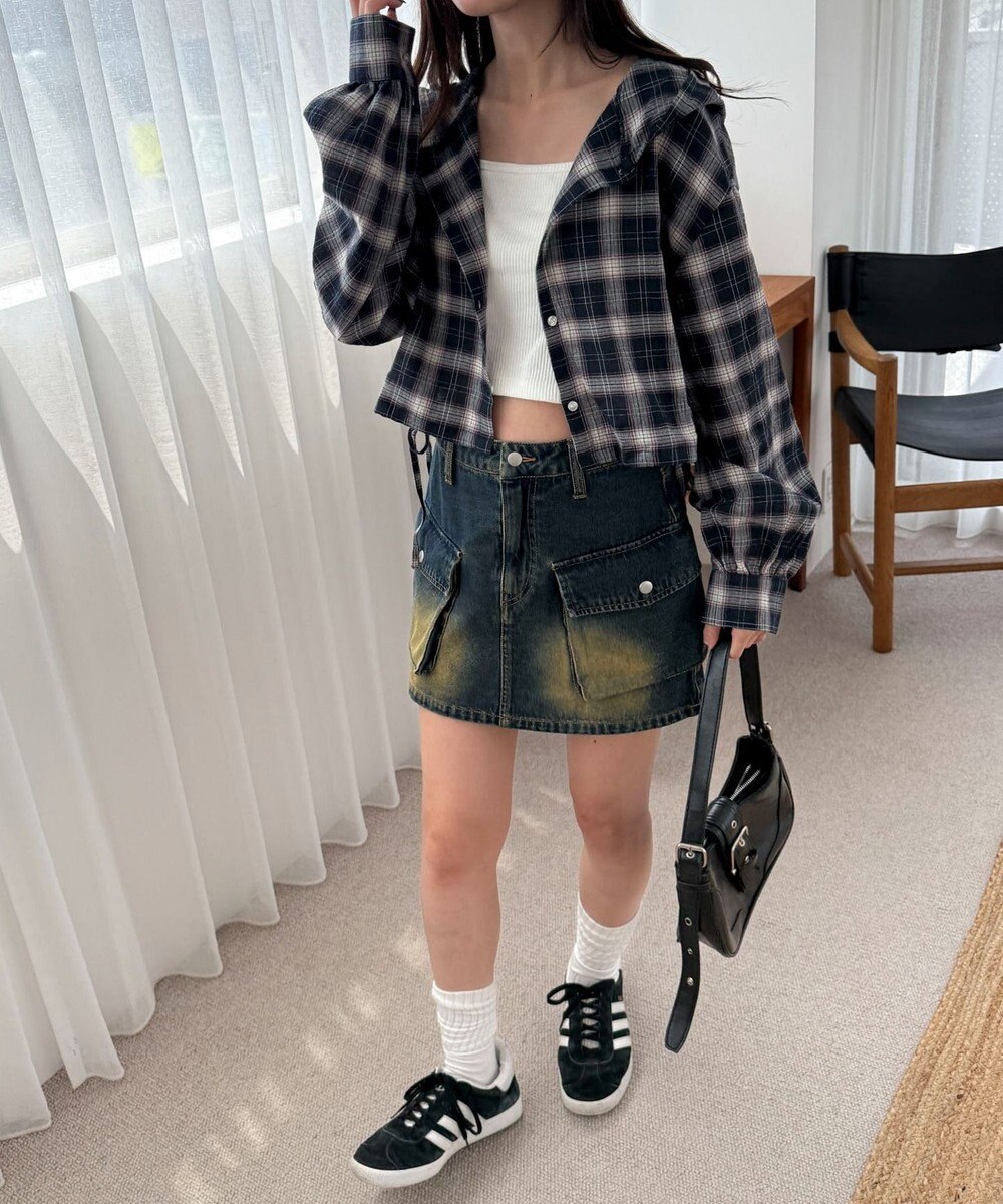 WEGO チェックショートフードシャツ 