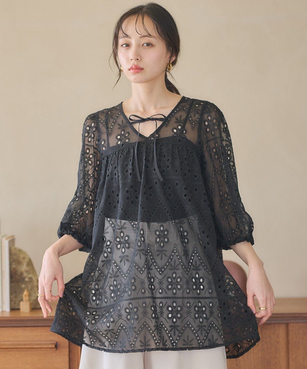 earth music&ecology パフスリーブ楊柳刺繍チュニック 