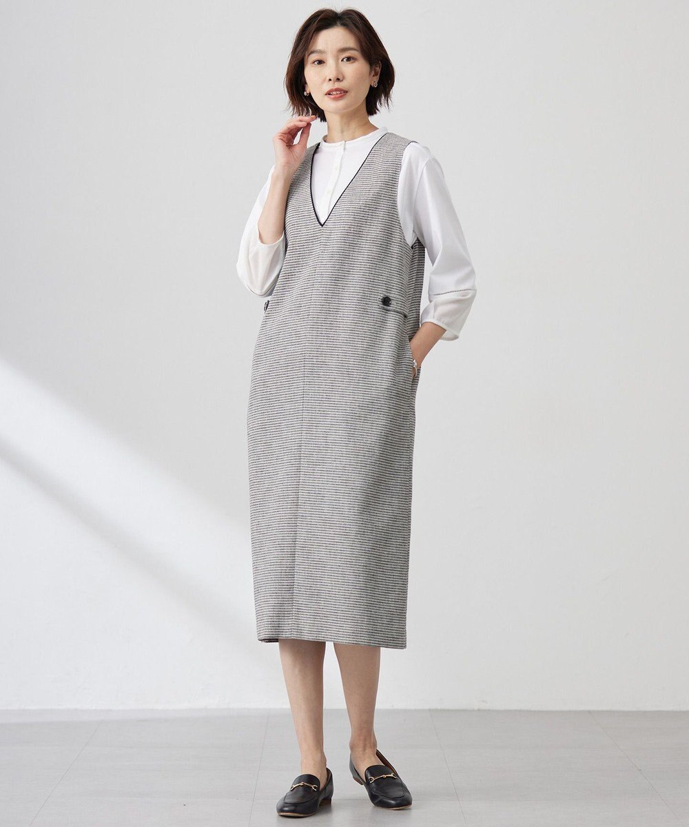 J.PRESS LADIES 【洗える】プレーティングジャージー バンドカラー カットソー 