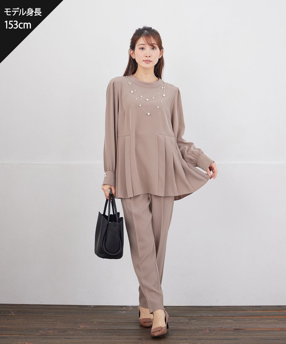 Tiaclasse L 【ブラウス&パンツ2点セット】サイドプリーツブラウス×テーパードパンツ セットアップ 