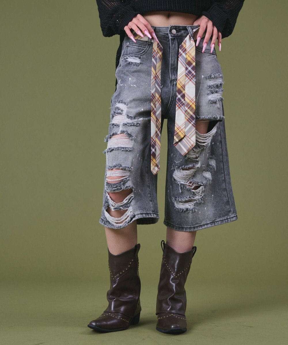 WEGO タイ付きダメージハーフデニムパンツ 
