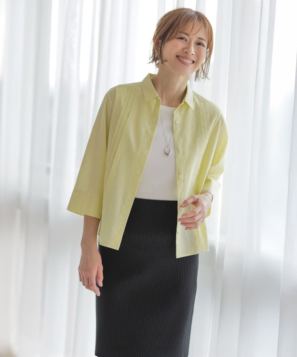 J.PRESS LADIES 【洗える】リネンminiチェック フロントピンタック シャツ 