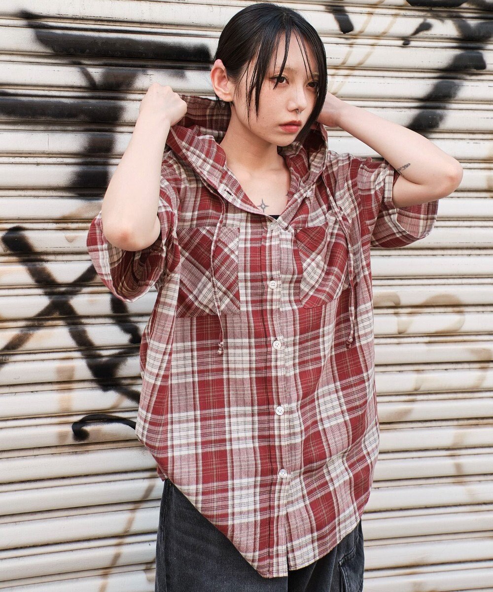 WEGO フードチェックBIGシャツ（S） 