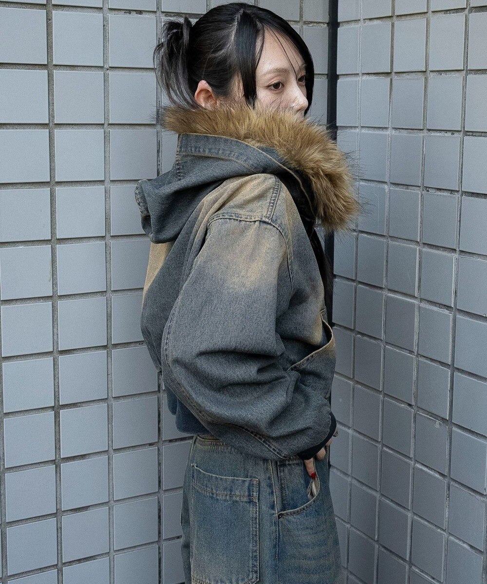 WEGO ファーフードデニムショートブルゾン 