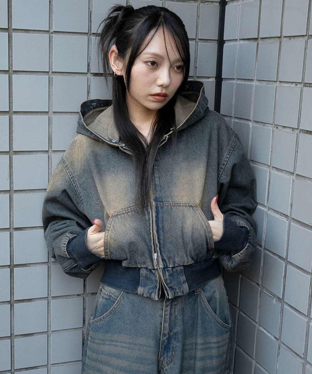 WEGO ファーフードデニムショートブルゾン 