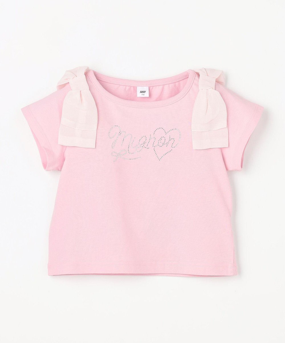 ANY KIDS 【綿100%】肩リボン×ラインストーンロゴ 半袖Tシャツ 