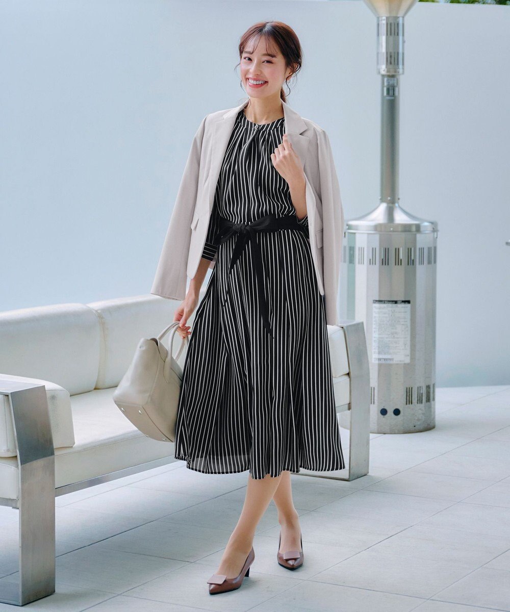 Tiaclasse 【2WAY・洗える】バンドカラーストライプリボンワンピース 