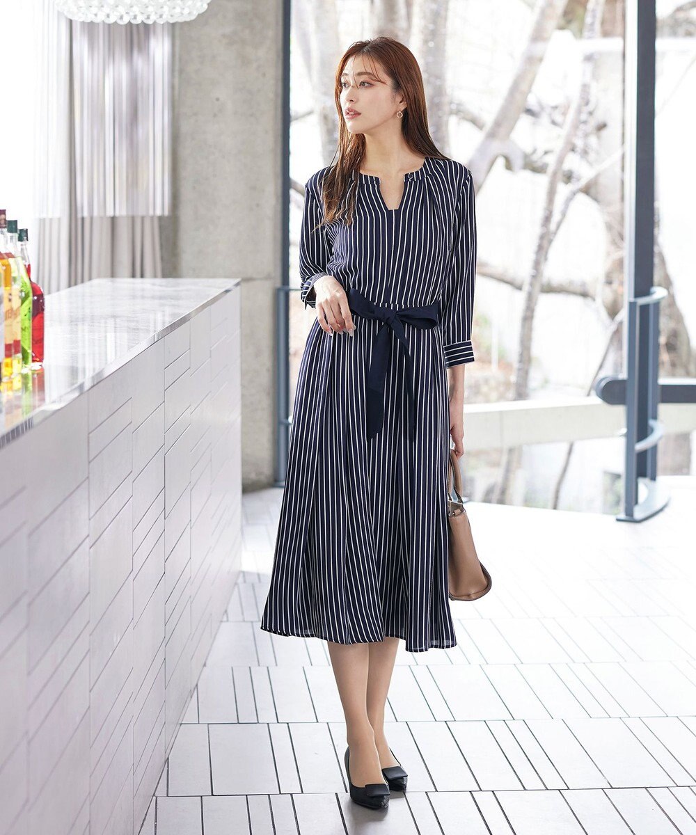 Tiaclasse 【2WAY・洗える】バンドカラーストライプリボンワンピース 