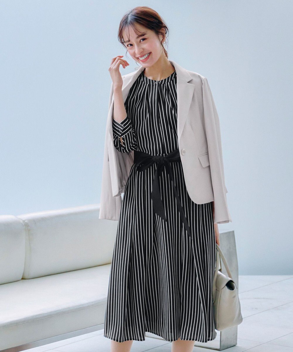 Tiaclasse 【2WAY・洗える】バンドカラーストライプリボンワンピース 